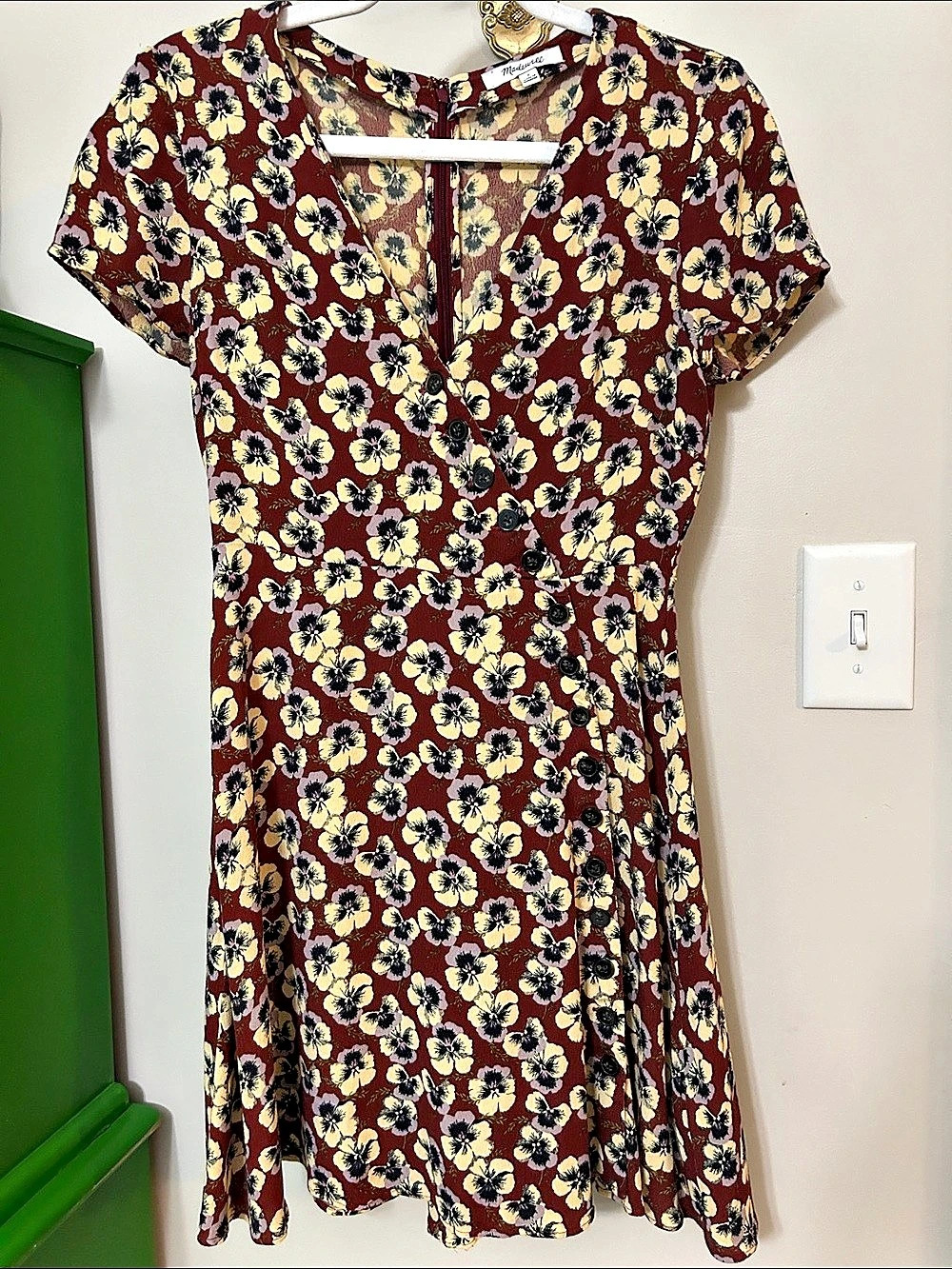 Madewell Button-Wrap Dress in Viola Floral Burgundy & Yellow Size 2